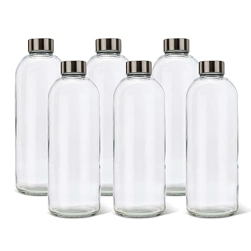 BrandPrint - Eos Set 6 Bottiglie in Vetro 1 Litro con Tappo a Vite colore Argento. Per Bevande e Succhi
