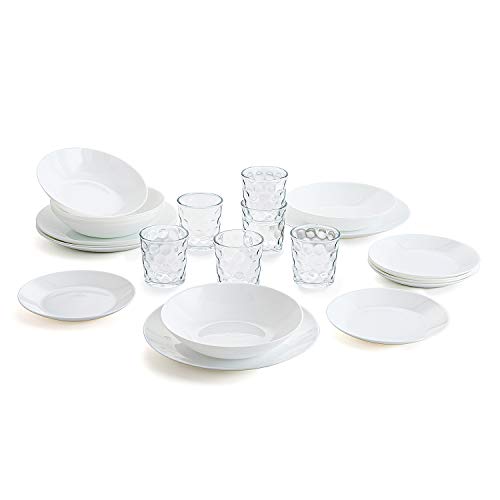 Arcopal Zelie - Servizio da tavola per 6 persone, Bianco, 18 pezzi + Set di 6 bicchieri in vetro