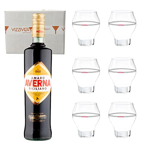 Amaro Averna Siciliano 29% Vol. 1000 ml - con 6 Bicchieri Originali Amaro Averna