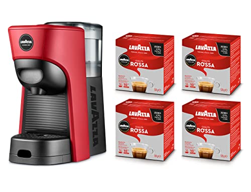 Lavazza, A Modo Mio Macchina per Caffè Tiny Eco Rossa con 64 Capsule Qualità Rossa Incluse, Macchina per Espresso in Plastica Riciclata, 1450 W, 220-240 V, 50/60 Hz, 0.6 Litri