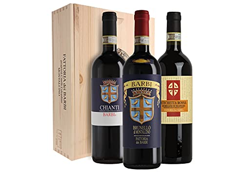Fattoria dei Barbi - Sangiovese Brunello di Montalcino, Chianti, Morellino di Scansano, Cassetta di legno da 3 bottiglie 0,75 L