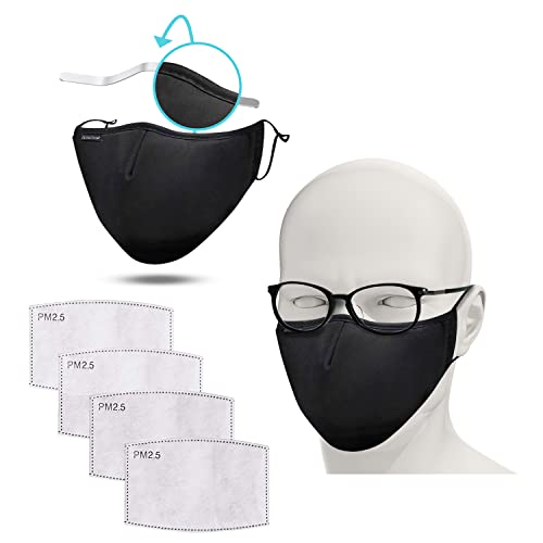 FLOWZOOM Mascherina nera antiappannamento con filtro - set di 2 mascherine adulti | Mascherine nere| Mascherine tessuto con clip per occhiali | Mascherina con filtro | Taglia L, Nero