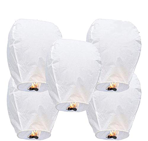 LABOTA Confezione da 5 lanterne cinesi, ecologiche, 100% biodegradabili, resistenti al fuoco senza fili, per liberare in cielo, matrimoni, feste e festival (set da 5, bianco)