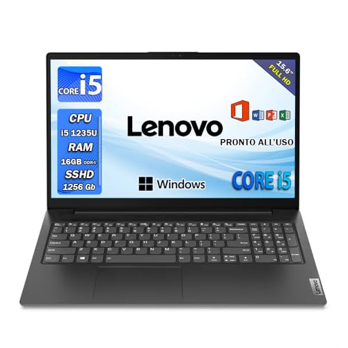 Lenovo Notebook | Pc portatile intel core i5 1235U | 16gb Ram ddr4 | Display 15.6 Full Hd | SSHD 1256 Gb | Wi fi, Bt , Windows 11 Pro | Office Pro , Computer portatile pronto all’uso