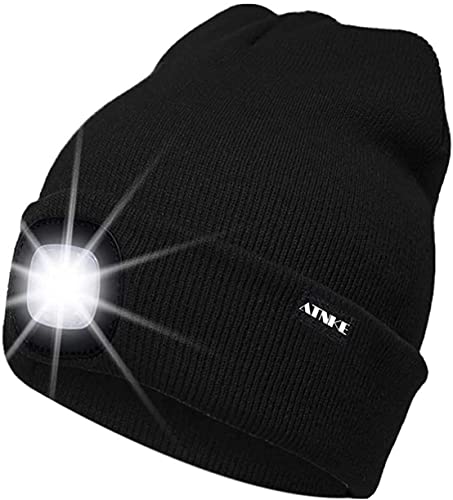 ATNKE LED Cappello Illuminato Berretto,USB Ricaricabile Cappello da Corsa 4 LED Impermeabile Luce Invernale Calda Lampada Frontale Regali per Uomo e Donna/Black