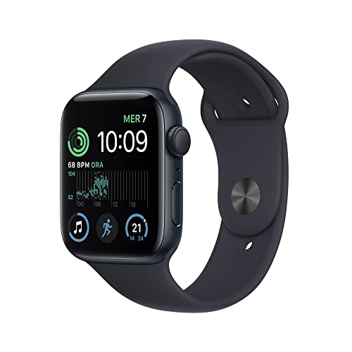 Apple Watch SE (2ª gen.) (GPS, 44mm) con cassa in alluminio color mezzanotte con Cinturino Sport - Regular. Fitness tracker, monitoraggio del sonno, Rilevamento incidenti