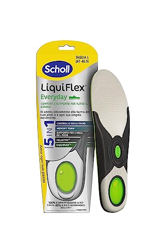Scholl Liquiflex Everyday, Solette Regolabili Anti-Odore in Memory Foam con Tecnologia 5 in 1 per Tutti i Tipi di Scarpe, Supporto Arco Plantare, Uso Quotidiano, Taglia L (41-46.5)