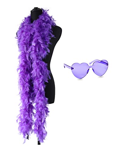 db11 Boa di piume colorate, 2 m, boa di piume per donne, per danza, matrimoni, cosplay, Halloween, con occhiali da sole senza montatura a cuore, viola