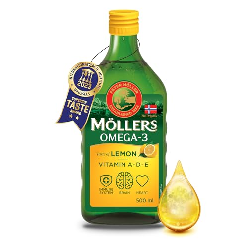 Moller’s ® | Olio di fegato di merluzzo Omega 3 | Integratori alimentari di omega-3 con EPA, DHA, vitamine A, D ed E | Superior Taste Award | Marchio esistente da 166 anni | Limone | 500 ml