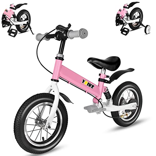 Ybike Bicicletta Senza Pedali,2 in 1 Bici Per Bambini da 12 14 Pollici, Per Bambini da 1 a 7 anni,4 Colori Bici da Equilibrio Con Freno,Ammortizzatore, Parafanghi