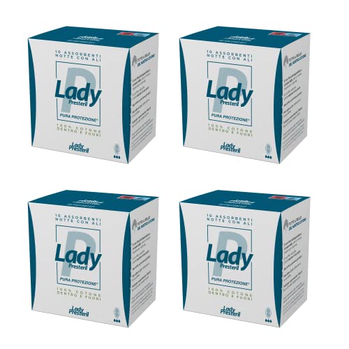 Lady Presteril, Assorbenti esterni notte con ali in cotone 100% biodegradabile, 4 confezioni da 10 unità (totale 40)