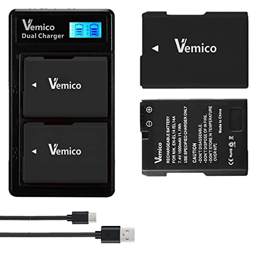 Vemico EN-EL14 Batteria Caricabatterie Kit 2 Pack 1500mAh Batterie di Ricambio Tipo-C LCD Doppio Caricatore per Nikon D3100/D3200/D3300/D3500/D5100/D5200/D5300/D5600 (Compatibile l'originale)