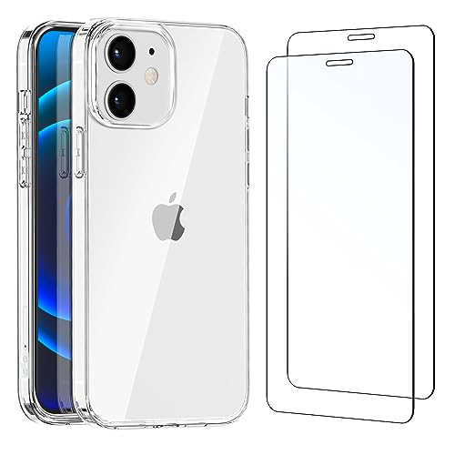NEW'C Cover per iPhone 12, iPhone 12 Pro, ultra trasparente, in silicone TPU, morbido e 2 x vetro temperato per iPhone 12, iPhone 12 Pro, pellicola proteggi schermo