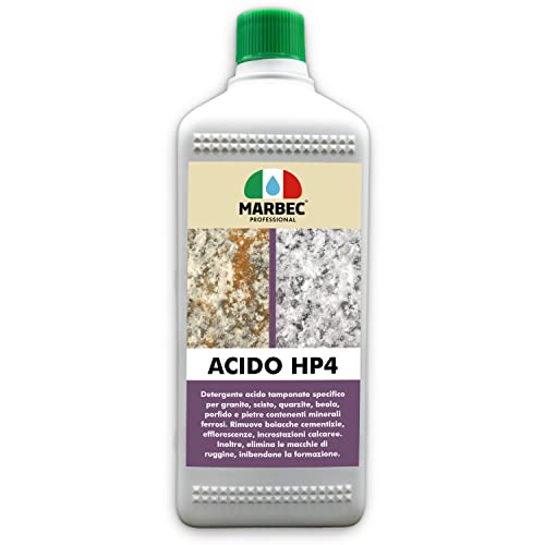 MARBEC ACIDO HP4 1LT Detergente acido tamponato specifico per la pulizia disincrostante di granito, quarzite, porfido,e pietre contenenti materiali ferrosi, che tendono a ingiallirsi.