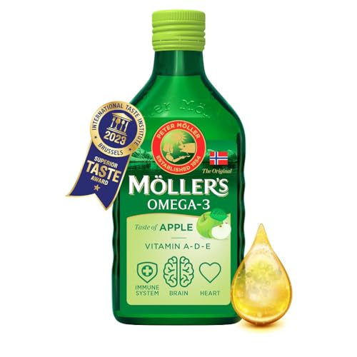 Moller’s ® | Olio di fegato di merluzzo Omega 3 | Integratori alimentari di omega-3 con EPA, DHA, vitamine A, D ed E | Superior Taste Award | Marchio esistente da 166 anni | Mela | 250 ml