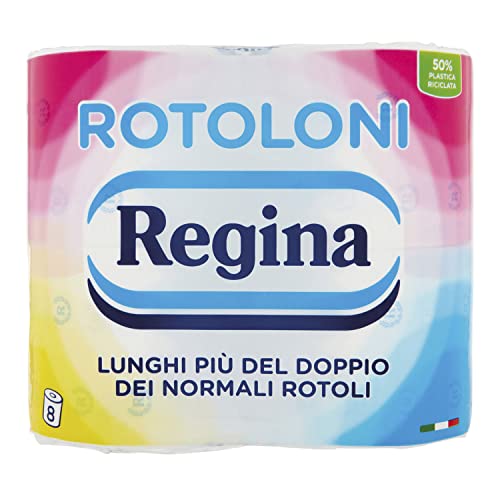 Rotoloni Regina - Maxi Rotoli di Carta Igienica, 500 Fogli a 2 Veli, 50% Plastica Riciclata, Carta 100% Certificata FSC, Confezione da 8