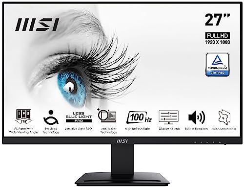 MSI PRO MP273A Monitor 27' FHD IPS,100Hz, (1920x1080), 1ms, 100 Hz, Altoparlanti integrati, Schermo Eye-Friendly, VESA, Inclinazione regolabile - HDMI 1.4, DP 1.2a