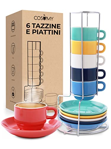 Set di 6 Tazzine da Espresso con Supporto e Piatti Inclusi - Impilabili - Lavabili in Lavastoviglie - Ceramica Colorata - 75 ml