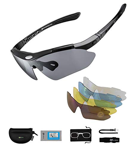 ROCKBROS Occhiali da Sole Ciclismo per Bicicletta MTB 5 Lenti Intercambiabili Occhiali Bici Polarizzati Sportivi Anti-UV 400 Uomo Donna, per Ciclismo Corsa Pesca Guida, Accessori Bici