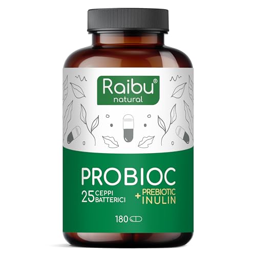 Fermenti Lattici Probiotici Probioc - 180 Capsule, 25 Ceppi Batterici con Inulina, 60 Miliardi UFC - Resistenti ai succhi gastrici, alta dosaggio, tra cui Lactobacillus e Bifidobatteri