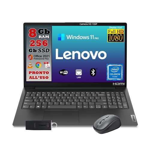 LENOVO Notebook Monitor 15.6' Full HD Intel Core N4500 fino a 2,8ghz Ram 8GB SSD 256GB Pacchetto Office Pro 2021 Windows 11 pro PRONTO ALL'USO - MOUSE WIRELESS e CHIAVETTA USB 32gb