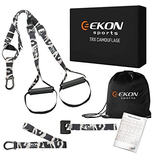 Ekon Sports TRX Fitness Allenamento in Sospensione | Kit Cinghie Suspension Training | Fasce TRX Palestra & Home | TRX Elastico Fitness Sospensione (Nero Camouflage)