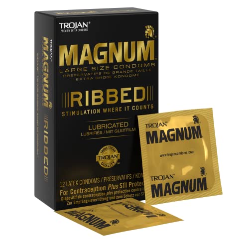 Trojan Magnum - Preservativi a coste e lubrificati, in lattice di alta qualità, confezione da 12
