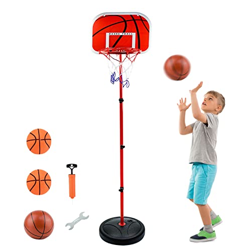 AolKee Canestro Basket Bambini e Supporto, portatile da 50 cm-150 cm Regolabile per interni ed esterno, Con 3 palle, rete, pompa