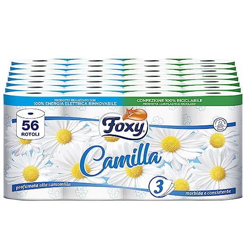 Foxy Camilla | Carta Igienica 3 Veli Profumata Alla Camomilla | 56 Rotoli | 160 Strappi Per Rotolo | Carta 100% Certificata PEFC | Confezione 100% Riciclabile