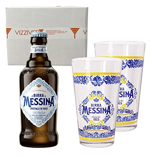 Cassa da 10 Birra Messina Cristalli di Sale 4,7% Vol. 330 ml - con 2 Bicchieri da Birra da 200 ml Birra Messina