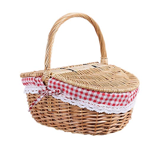 Gokelomg Wicker - Cestino da picnic in stile , coperchio e manico e fodera per picnic, feste e barbecue
