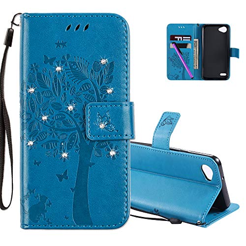 COTDINFOR LG Q6 Case Premium PU Custodia in Pelle Cash Pocket Flip Custodia a Portafoglio Chiusa con Slot per Carta di Credito per LG Q6 / G6 Mini Blue Wishing Tree with Diamond KT.