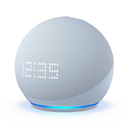 Echo Dot con orologio (5ª generazione, modello 2022) | Altoparlante intelligente Wi-Fi e Bluetooth, suono più potente e dinamico, con orologio e Alexa | Azzurro tenue