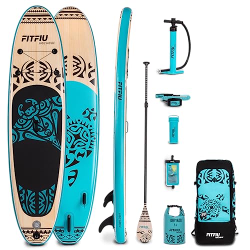 FITFIU Fitness KOEKOHE – Gonfiabile paddle surf board ispirazione Maori con kit completo, SUP board con pagaia, pompa di gonfiaggio, 3 pinne + accessori, Stand Up Paddling Board 320x81x15cm