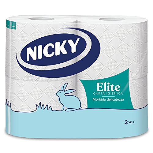 Nicky Elite - 4 Rotoli di Carta Igienica, 170 Soffici Fogli a 3 Veli, Morbida e Resistente a Contatto con la Pelle, Dermatologicamente Testata, Carta 100% Certificata FSC®