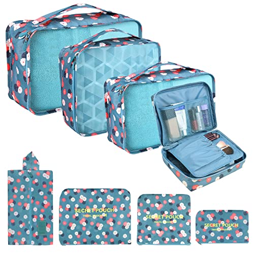 Coolzon Organizer Valigie Viaggio Set 8 Pezzi, Cubi di Imballaggio Perfect Storage Travel Luggage Organizer per i vestiti,Cosmetici,Scarpe,Intimo, Fiori Blu