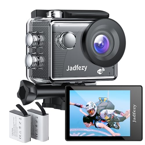 Jadfezy WiFi Action Cam 1080P, da 12 MP e Grandangolare, Subacquea da 30M Dotato di 2×1050 mAh Batteries di Grande Capacità e Accessori di Montaggio per Casco e Bicicletta, ecc.
