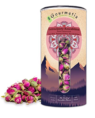 Gourmetia Boccioli di rosa 100g, tè alla rosa, boccioli di rosa commestibili essiccati di qualità premium da Rosa Damaszena (100 grammi)