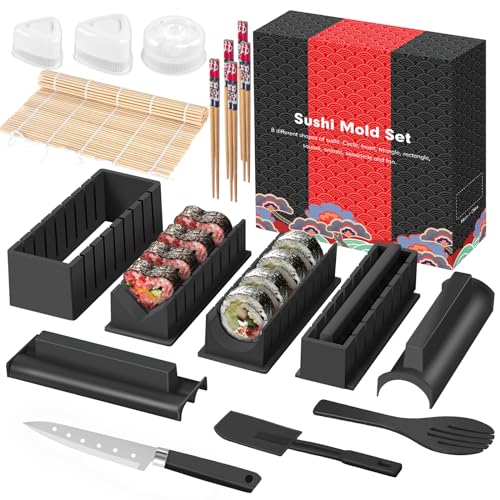 SKYSER Kit sushi set 20 pezzi, adatto ai principianti da preparare da soli, con stampo per polpette di riso, coltello, tappetino per rotolare, bacchette, set completo (Nero)
