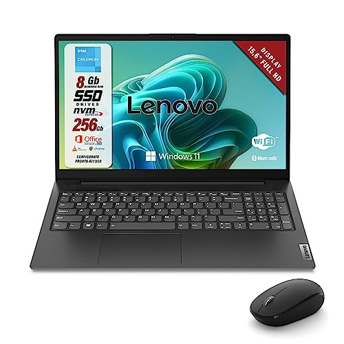 Lenovo, Pc portatile notebook con suite office, display FHD da 15,6', cpu intel N4500, ram 8Gb, ssd 256Gb, win 11 pro, computer portatile con mouse wireless