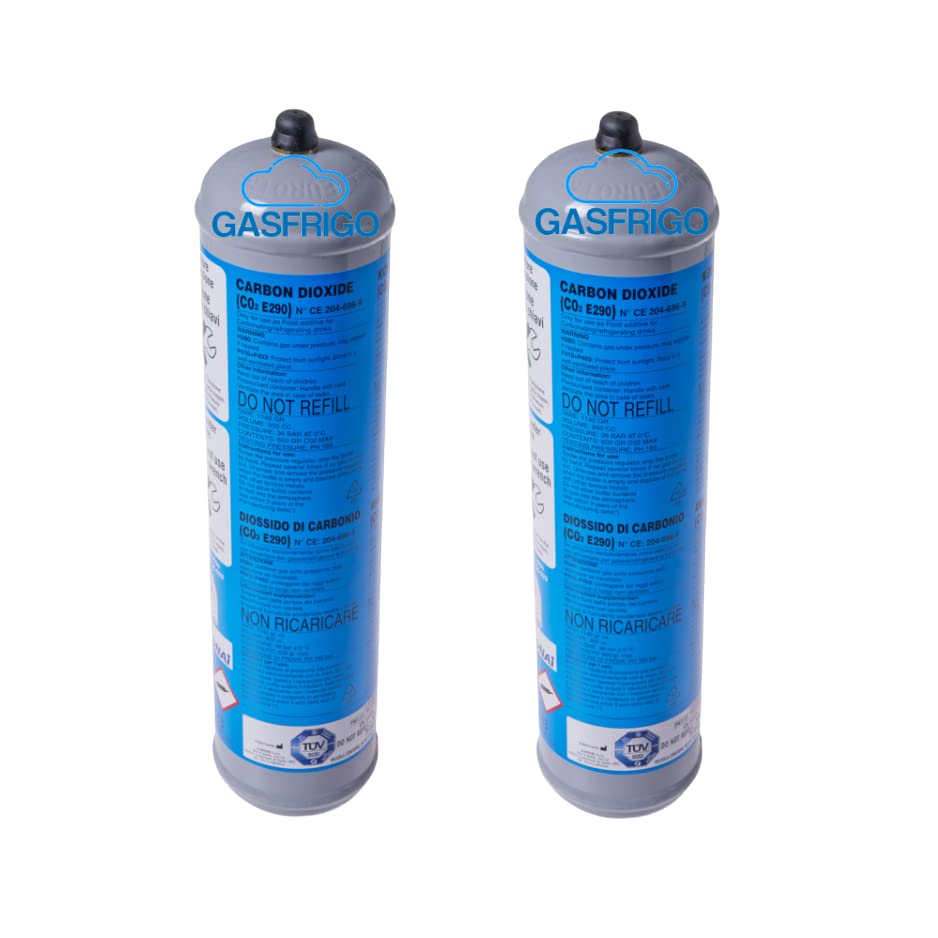 GASFRIGO® - N° 2 Bombole CO2 monouso da 600 gr.-MADE IN ITALY - le originali per uso alimentare -attacco M11x1 per gasatori acqua frizzante