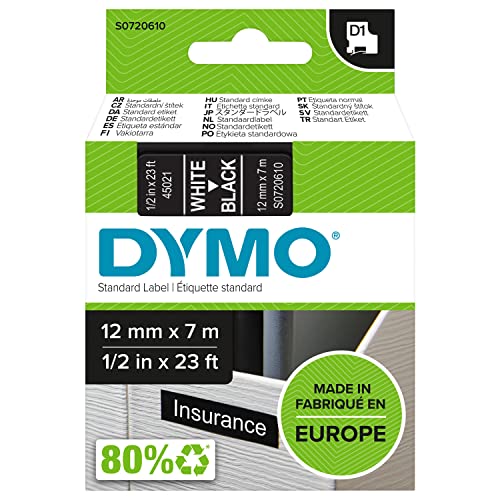 Dymo D1 Etichette Autoadesive per Stampanti LabelManager, Rotolo da 12 mm x 7 m, Stampa Bianco su Nero, 1 Pezzo