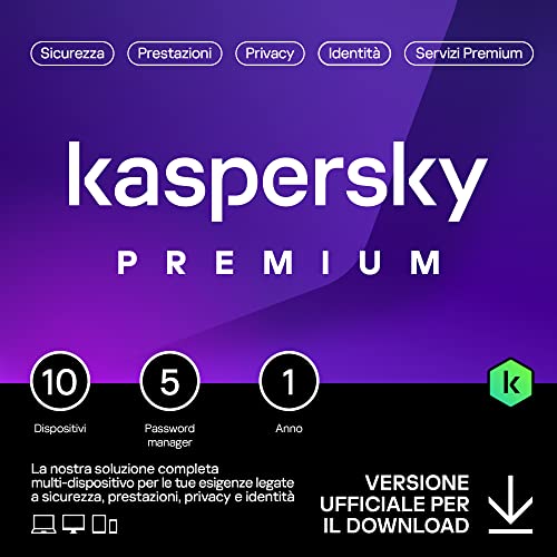 Kaspersky Premium Total Security 2023 | 10 dispositivi | 1 anno | Anti-Phishing e Firewall | VPN illimitata | Password Manager | Parental Control | Assistenza 24/7 | PC/Mac/mobili | Attivazione e-mail