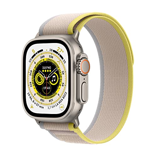 Apple Watch Ultra (GPS + Cellular, Cassa 49mm) Smartwatch con robusta cassa in titanio e Trail Loop giallo/beige - S/M. Fitness tracker, GPS di precisione, tasto Azione, batteria a lunghissima durata