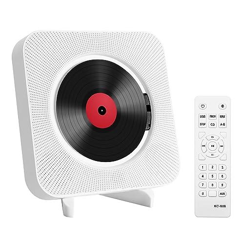 Adirigo Lettore CD portatile Bluetooth da tavolo montabile a parete Altoparlanti HiFi incorporati Boombox audio domestico con telecomando（Bianco）