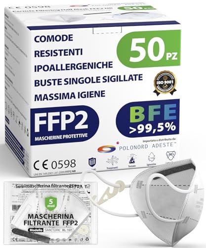ADESTE - 50 Mascherine FFP2 Bianche Certificate CE, filiera controllata, elastici comodi, anallergici e regolabili. Sicura: filtrazione in simulazione di indossaggio 99,5%. Buste singole sigillate.