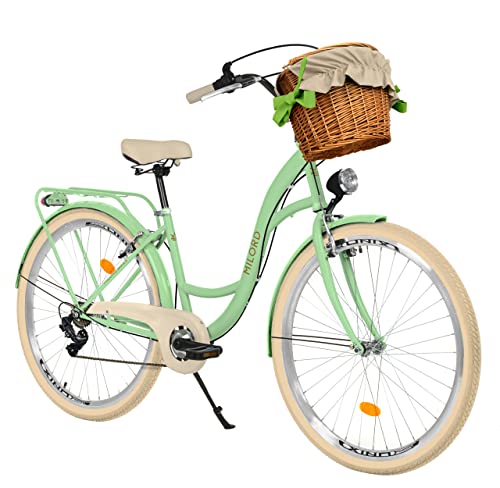 Milord Comfort, bicicletta con cestino in vimini, bicicletta olandese da donna, City bike, vintage, 28 pollici, crema menta, Shimano, verde crema, 28 pollici