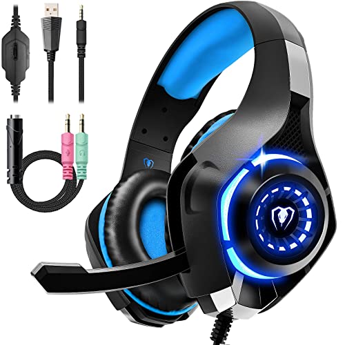 Cuffie Gaming, Cuffie Gaming con Microfono Noise Cancelling, Stereo Bass Deep, Cuscinetti Auricolari Proteici, per PS4 PS5 PC Xbox One Mac Switch, Blu