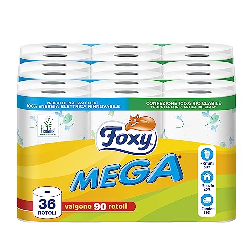Foxy Mega | Carta igienica 36 rotoli| 480 strappi| Decorata |100% Energia elettrica rinnovabile| Confezione prodotta con plastica riciclata